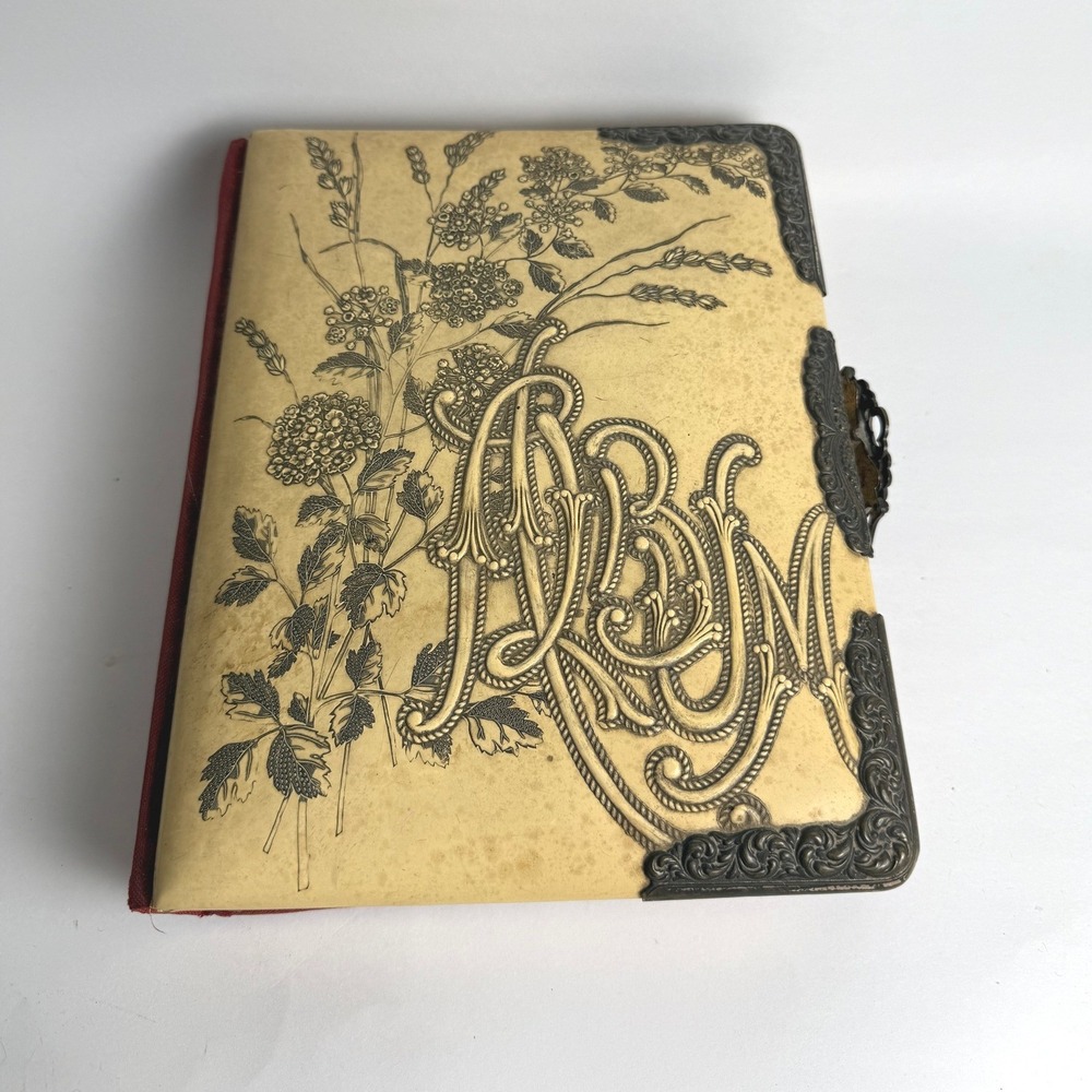 Antique 1892 Photo Album‎ Embossed Floral Design Red Velvet Cover Ornate Clasp
